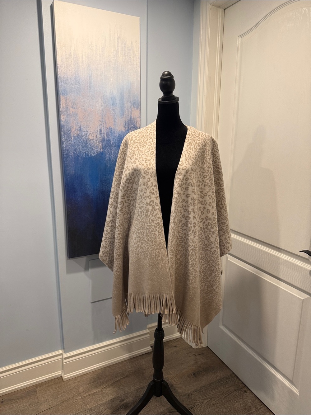 Marina Luna Beige Leopard-Print Fringed Shawl Wrap